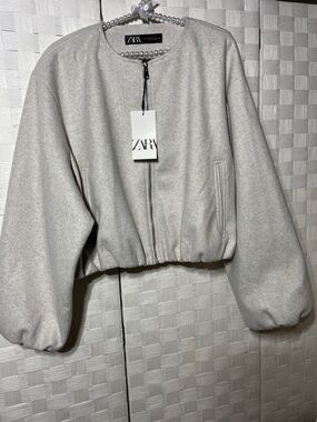 Zara Pale Gray Cropped Bomber Jacket